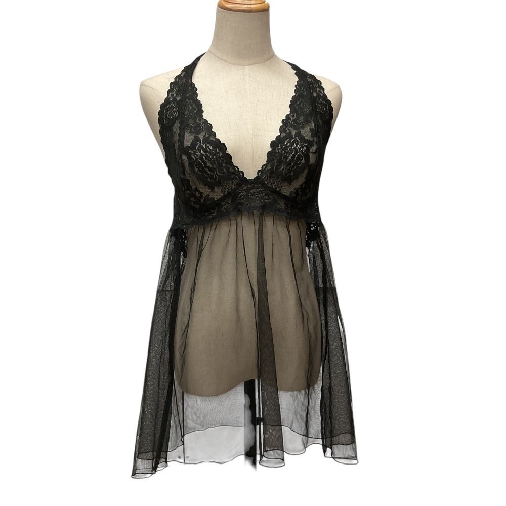 Victoria's Secret Babaydoll Lace Mesh Halter Slip Dress Sexy Lingerie Black Sz L